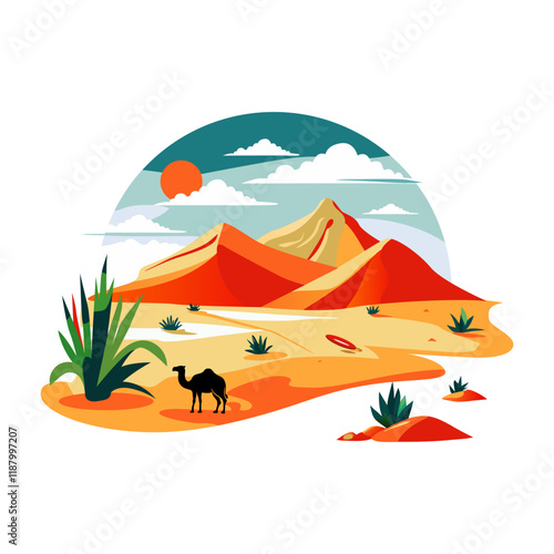 A flat illustration of a desert landscape with a camel and sand dunes