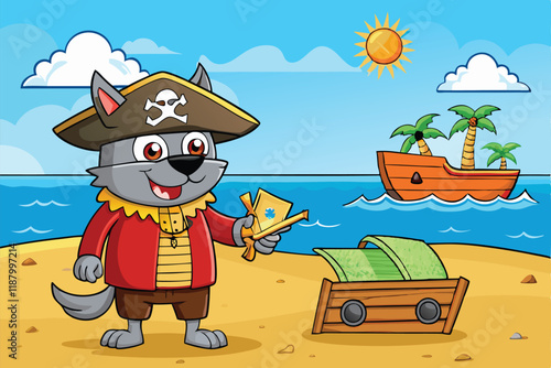 Playful illustration of a talking pirate animal enjoying a treasure hunt on a tropical island with palm trees and a vibrant ocean