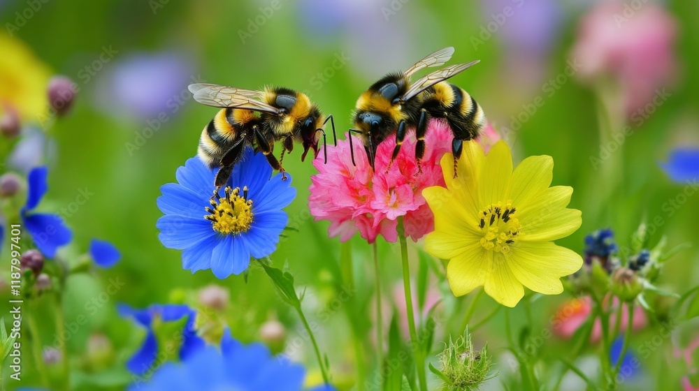 Bumblebees pollinating colorful flowers in vibrant garden setting Bumblebees pollinating colorful flowers in vibrant garden setting