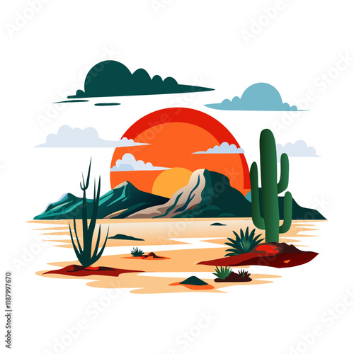 A flat illustration of a stunning desert sunset scene with a vibrant sky,