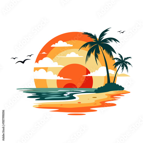 A flat illustration of a stunning sea sunset over a tropical beach,