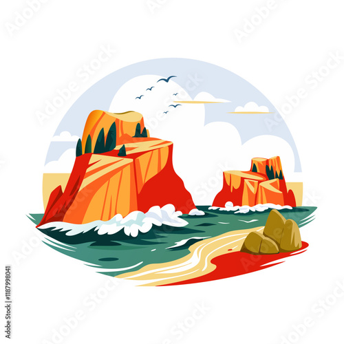 A flat illustration of sea stacks rising from the ocean