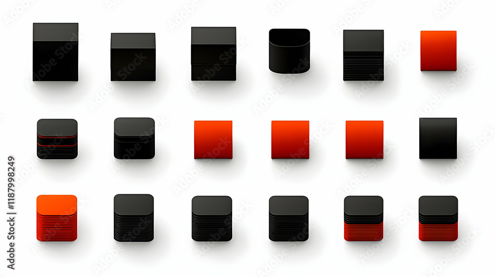 Black and orange 3D square buttons on white background; app interface design elements Black and orange 3D square buttons on white background; app interface design elements