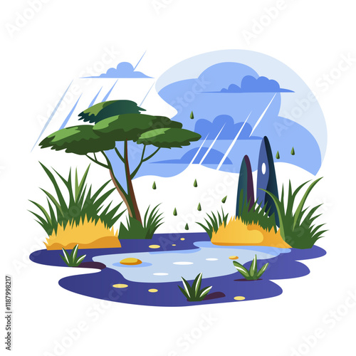A flat illustration of a rainy forest scene with a lush green tree