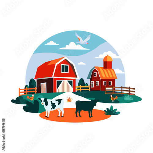 A flat illustration of a cattle farm scene with a red barn, a silo, cows grazing in a field