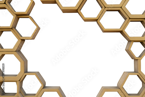 Hexagonal wooden frame with a honeycomb texture, eco inspired. Isolated on transparent or white background cut out photo