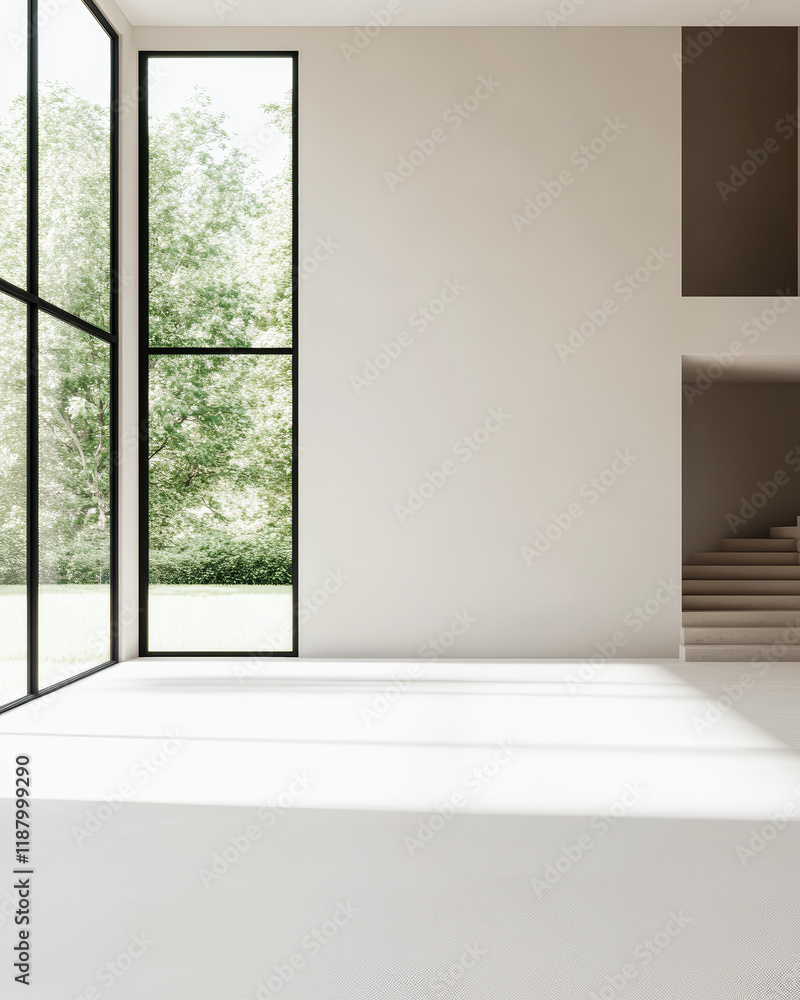 Obraz premium Modern minimalist interior with large windows and natural light in a serene setting