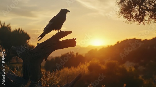 A black kite perched on a dead tree, silhouetted against the dramatic backdrop of a Monfrage sunset. photo