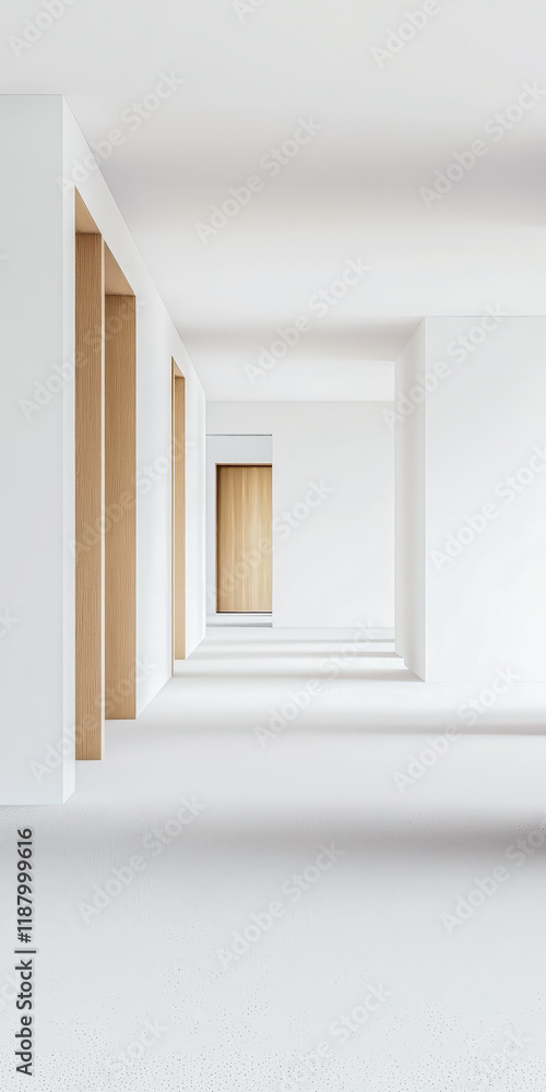 Fototapeta premium Modern minimalist hallway with wooden accents and bright lighting in a contemporary building