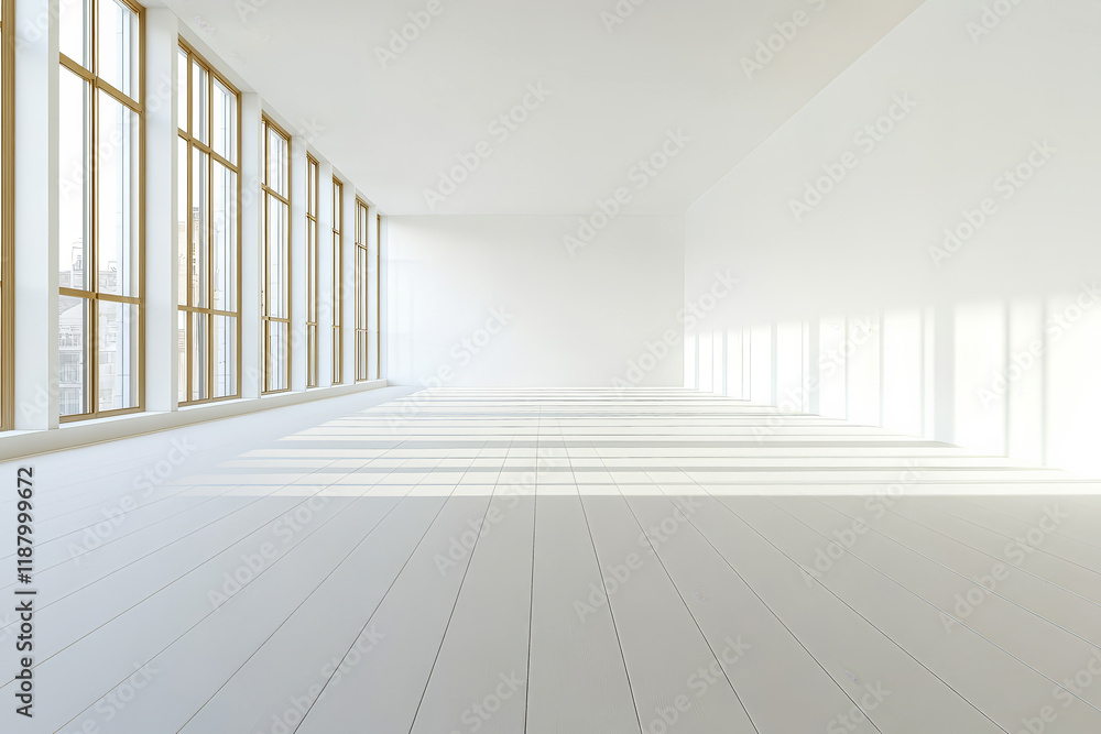 Bright and spacious empty room with large windows and soft light on wooden floor Bright and spacious empty room with large windows and soft light on wooden floor