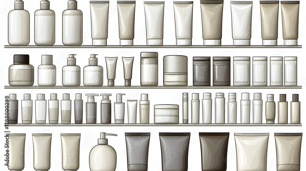 Organized cosmetic bottles and tubes on multiple shelves. Background is plain white. Possible use catalog, presentation, website design Organized cosmetic bottles and tubes on multiple shelves. Background is plain white. Possible use catalog, presentation, website design
