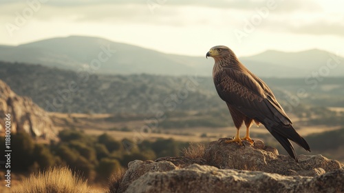 A black kite standing on a rocky plateau in Monfrage, framed against the expansive backdrop of the parks wild terrain. photo