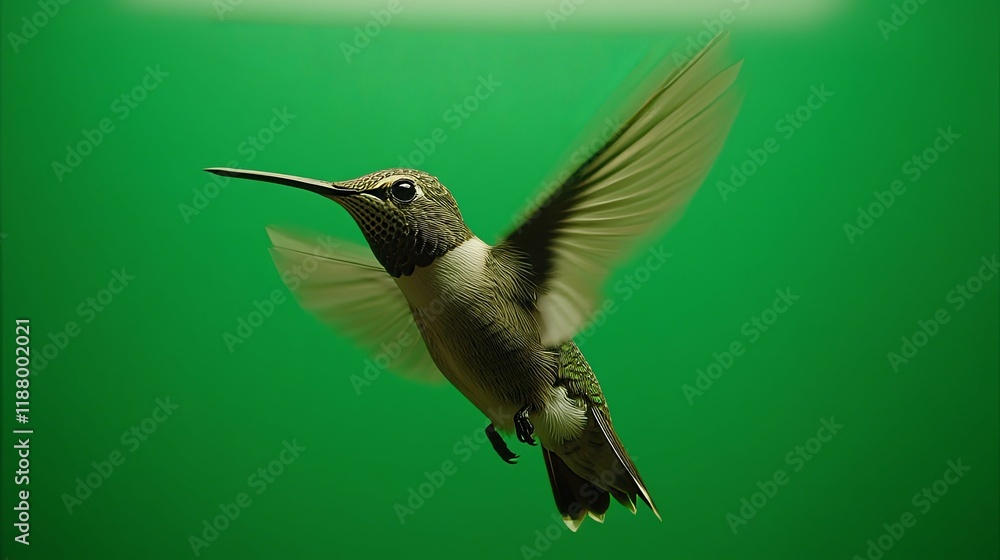Fototapeta premium Hummingbird in Flight: A Serene Green Background Study