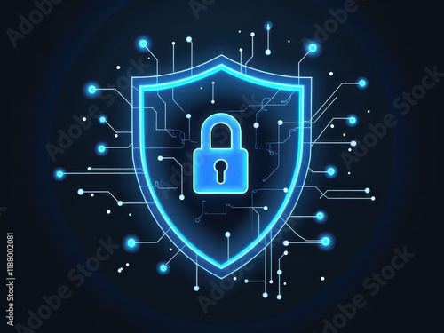 Cybersecurity Shield with Digital Lock and Glowing Circuitry