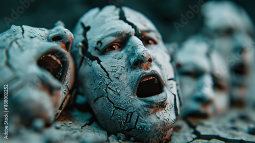 A collection of cracked, pale faces emerging from a textured surface, expressing anguish and despair in a surreal and haunting scene.