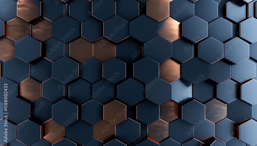 3D rendering of dark blue and copper hexagonal tiles in an abstract pattern. Modern wallpaper with a sleek metallic finish. 3D rendering of dark blue and copper hexagonal tiles in an abstract pattern. Modern wallpaper with a sleek metallic finish.