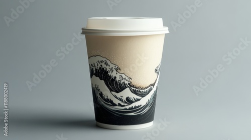 Wave art on coffee cup with ocean motif against neutral background photo