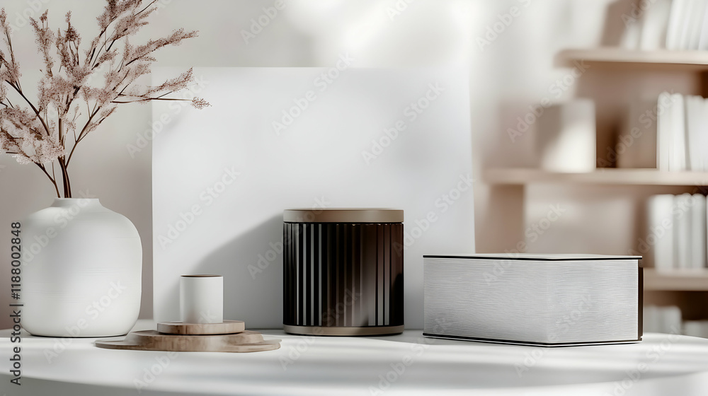 custom made wallpaper toronto digitalModern speakers on a table in a minimalist living room with bookshelves and sunlight. Perfect for advertising audio products