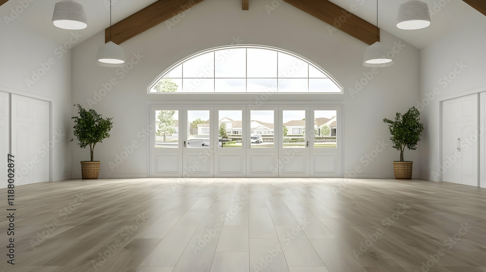 Fototapeta premium Modern spacious white room with arched window, wooden beams, and hardwood floor, overlooking suburban houses; ideal for real estate listings