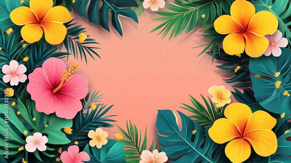 Fototapeta premium Tropical floral frame on coral background for text or design.