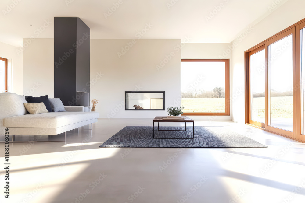 Fototapeta premium Modern living room with minimalist design and natural light in a tranquil setting