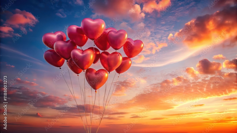 Fototapeta premium Heart-shaped balloons floating in a pink and red sky at sunset, love, valentines day, love