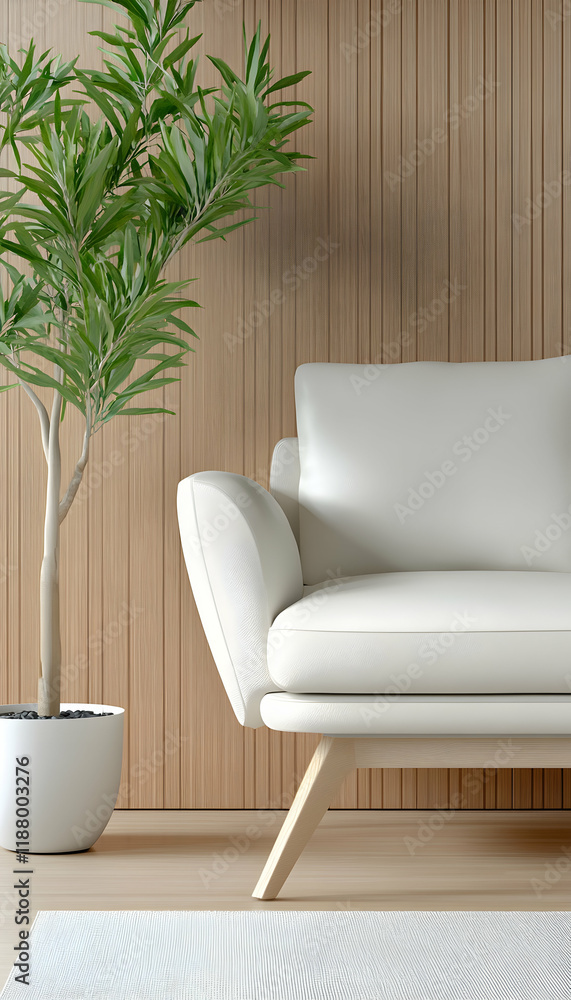 Fototapeta premium Modern white sofa in minimalist living room with wooden wall and plant. Ideal for interior design websites or home decor magazines