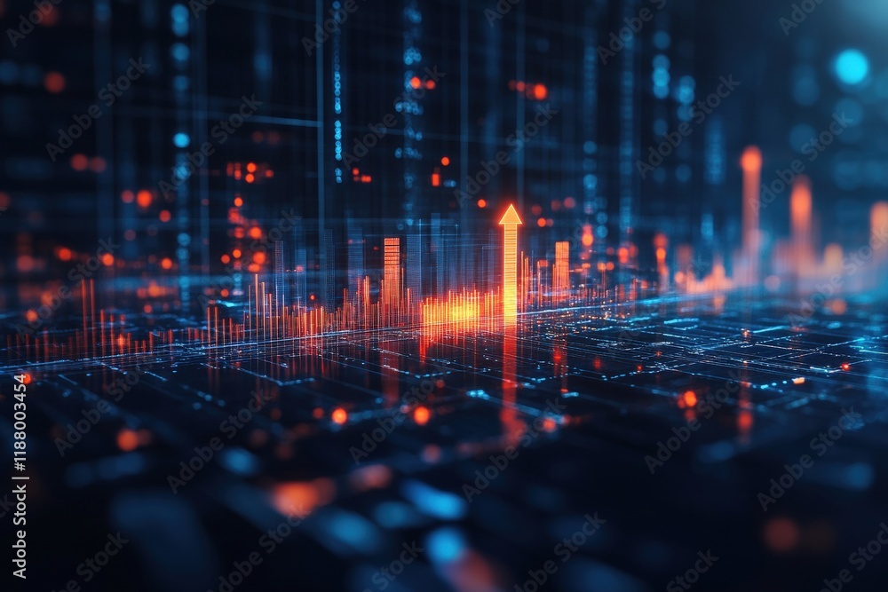 Fototapeta premium Innovative design showcasing glowing upward arrow in a futuristic cityscape digital art tech environment bird's eye view