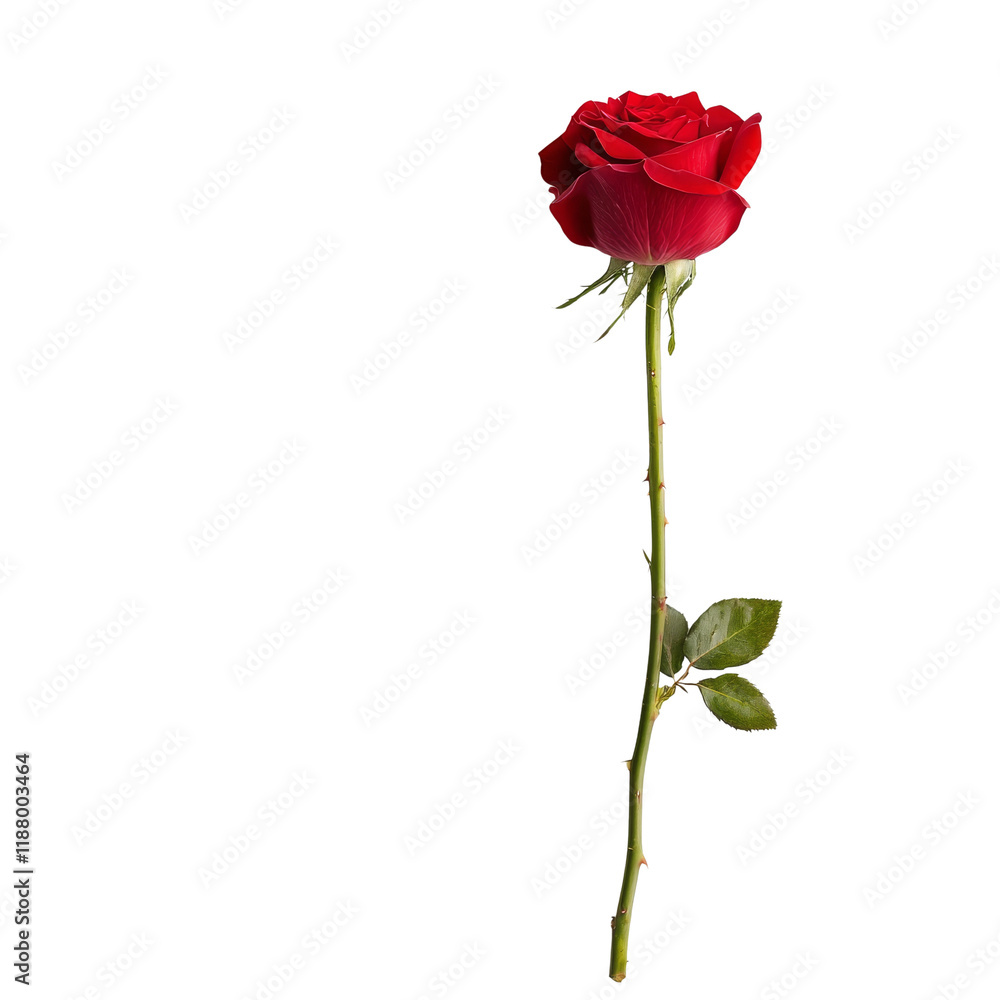 single red rose with green leaves, symbolizing love and beauty, stands elegantly against transparent background, perfect for romantic themes single red rose with green leaves, symbolizing love and beauty, stands elegantly against transparent background, perfect for romantic themes