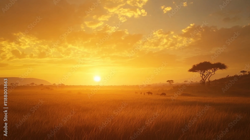 Fototapeta premium A breathtaking sunrise in the Serengeti, with golden rays illuminating the vast savannah and acacia trees silhouetted against the horizon.