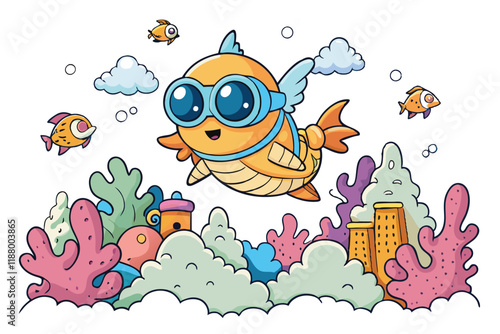 Charming flying fish with wings and goggles in a whimsical undersea world filled with colorful coral formations and vibrant creatures