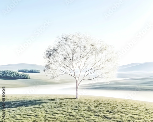 Single tree on misty hilltop, sunrise, peaceful landscape, nature serenity. Ideal for calm, nature, and environmental themes photo