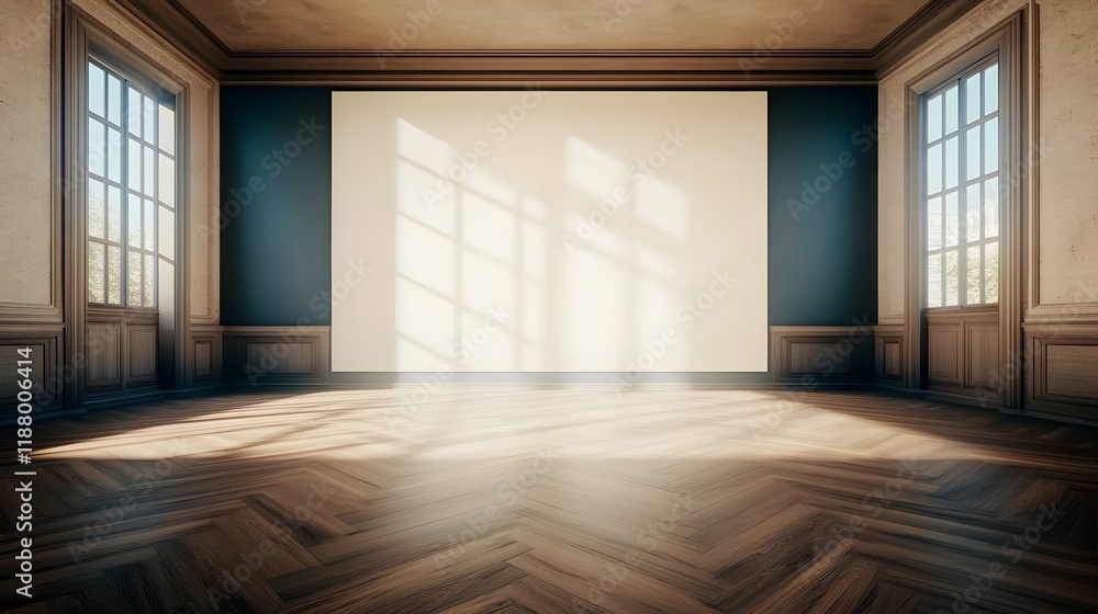 Obraz premium Sunlit empty room, classic interior design, large blank canvas, hardwood floor, perfect for advertisement
