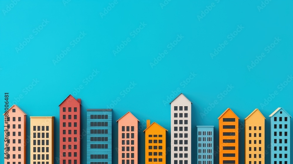 Colorful miniature buildings against a vibrant blue background, creating a playful cityscape vibe. Colorful miniature buildings against a vibrant blue background, creating a playful cityscape vibe.
