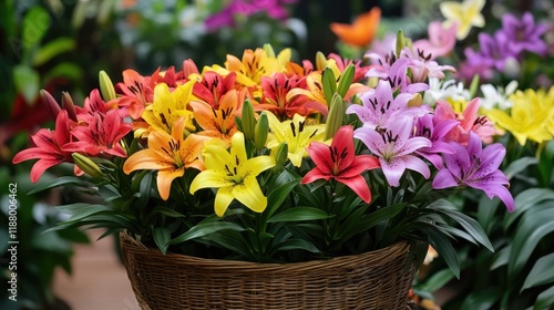 A bouquet of colorful lilies displayed in a wicker basket.