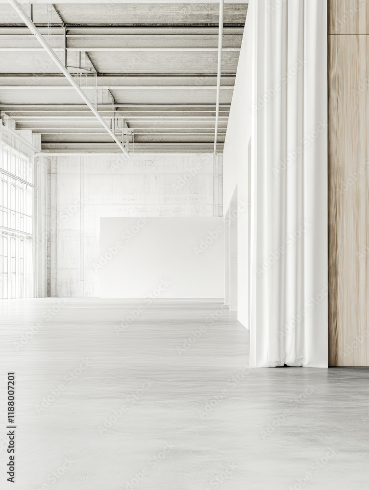 Fototapeta premium Spacious interior of a modern minimalist studio with natural light and soft curtains