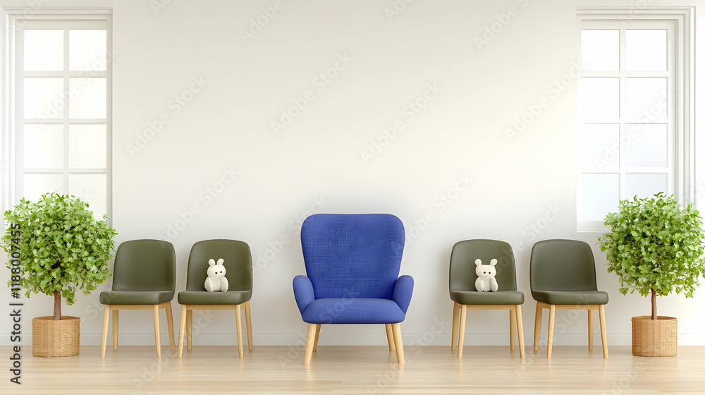 Fototapeta premium Waiting room with blue armchair, plants, and rabbits. Interior design, calm atmosphere, space for text overlay. Use for healthcare, therapy, or waiting area websites