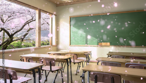 春・窓から桜の花びらが散り太陽の光が差し込む学校の教室　並んだ机と椅子・正面の黒板　吹き込む風　誰もいない部屋　入学・卒業・新生活・学習・学生・希望のイメージ背景壁紙