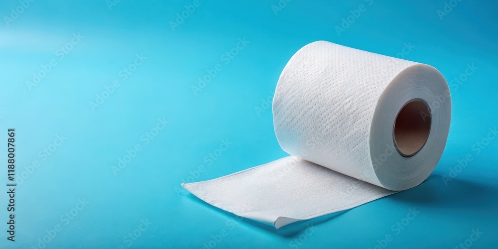 Fototapeta premium A single roll of toilet paper unrolled on a blue background with individual sheets visible in various states of use and unwinding , hygiene, home maintenance