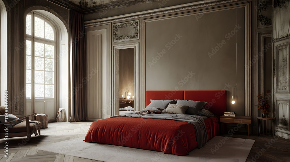 Fototapeta premium Luxurious Bedroom with Grand Red Bed and Classic Decor, 3d rendering