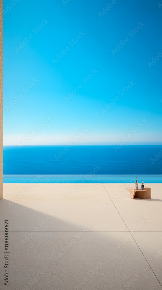 Fototapeta premium Expansive view of serene seascape from a modern terrace in bright daylight