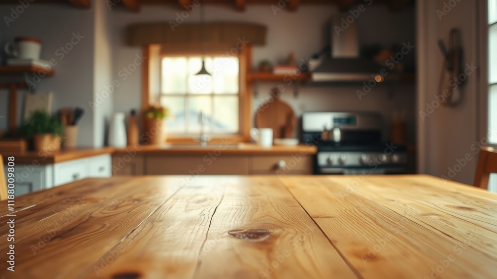 A close up of a wood table in a cozy kitchen, with a window, cabinets and a stove in the background. A close up of a wood table in a cozy kitchen, with a window, cabinets and a stove in the background.