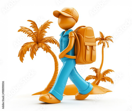 Traveler with backpack exploring a tropical landscape filled with palm trees in bright sunny colors photo