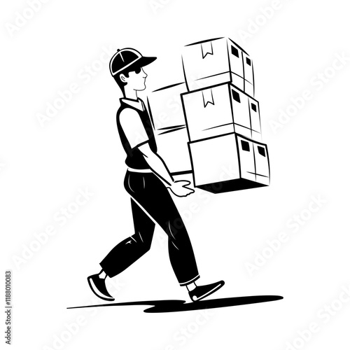 Hand drawn illustration of delivery boy carrying a stack of boxes