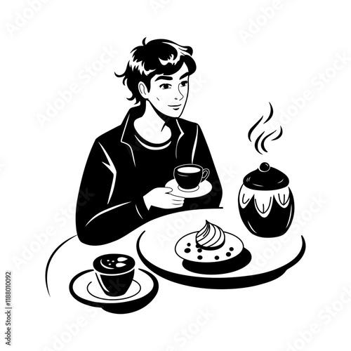 Glyph illustration depicts a man enjoying a cup of tea with a plate of dessert