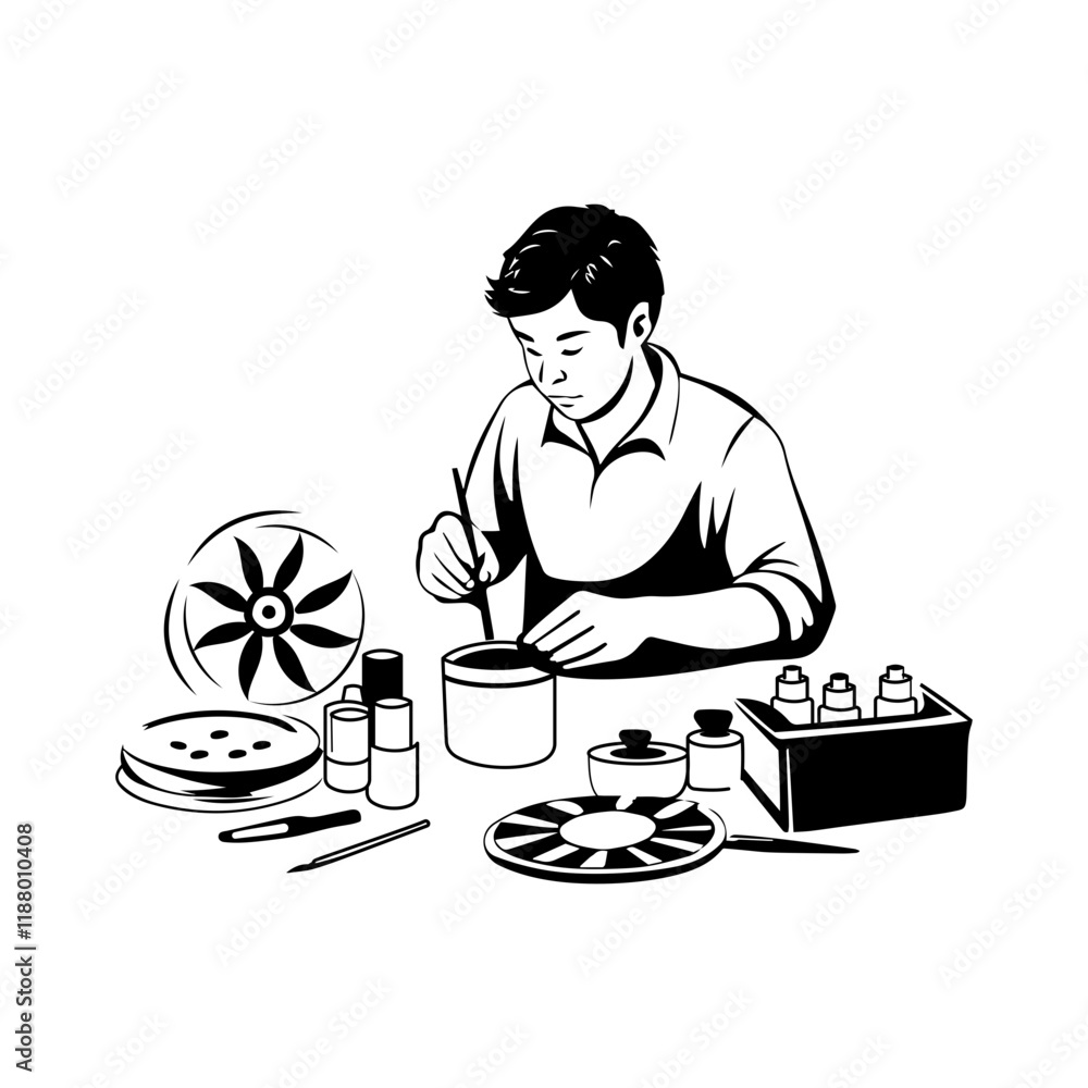 A glyph illustration depicting a man crafting A glyph illustration depicting a man crafting