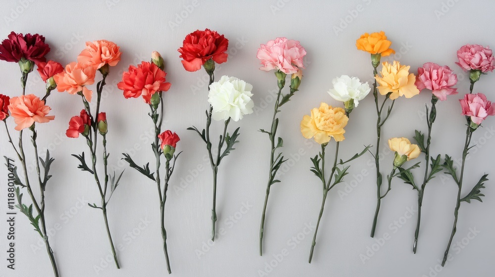 Obraz premium A collection of carnations in different colors lying flat on a white surface.