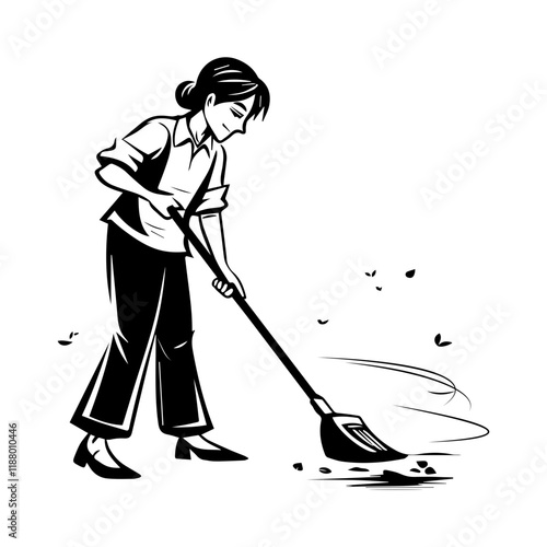 A hand drawn illustration of maid sweeping the floor