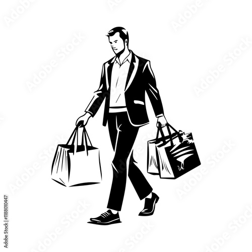 Solid illustration depicting a buyer walking with tote bags