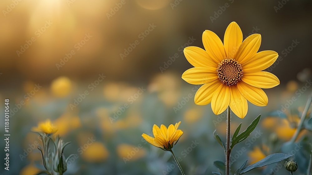Obraz premium Yellow Flowers Blooming In Soft Sunlight